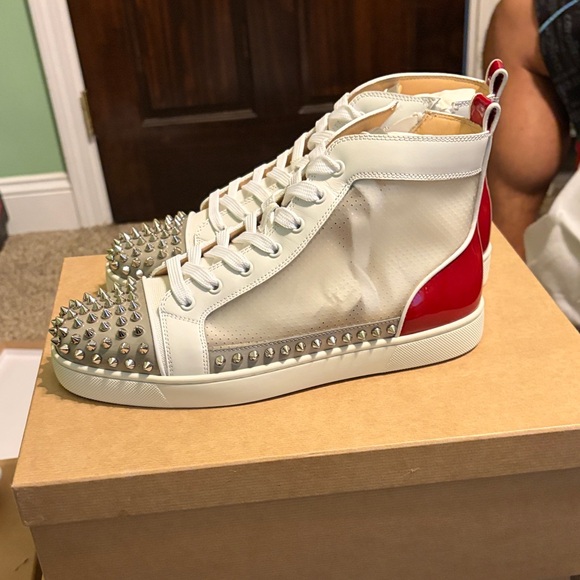 Studded High-Top Sneakers in White and Red